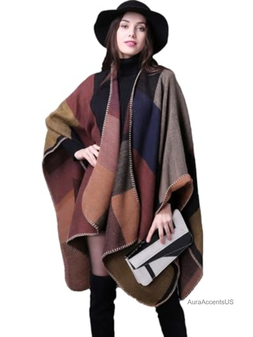 Reversible Open Front Poncho Wrap Shawl Cape for Winter